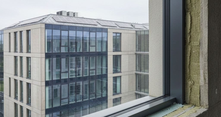 Energieeffizientes Gewerbegebäude nach EH55-Standard mit moderner Fassade und optimierter Gebäudehülle