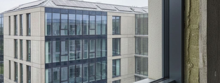 Energieeffizientes Gewerbegebäude nach EH55-Standard mit moderner Fassade und optimierter Gebäudehülle