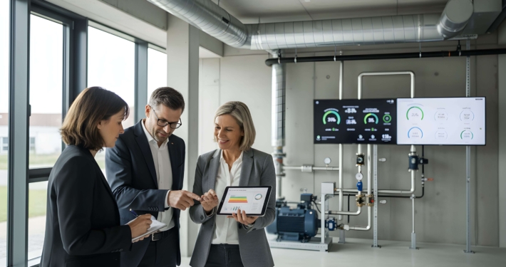 Professionelle Energieberaterin erklärt Unternehmensvertretern Einsparpotenziale auf einem Tablet vor moderner Gebäudetechnik.