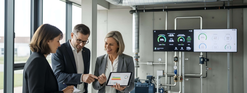 Professionelle Energieberaterin erklärt Unternehmensvertretern Einsparpotenziale auf einem Tablet vor moderner Gebäudetechnik.