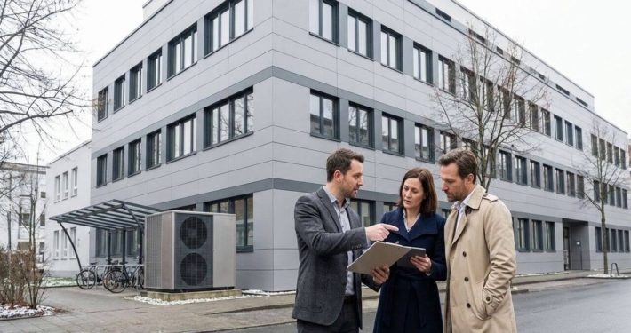 Ein professioneller Energieberater in Business-Kleidung steht vor einem modernen, grau fassadengedämmten Bürogebäude in Deutschland und erklärt zwei Entscheidern (Mann und Frau) anhand eines Tablets und Klemmbretts Sanierungspläne. Neben dem Gebäudeeingang ist eine große industrielle Wärmepumpe sichtbar installiert.