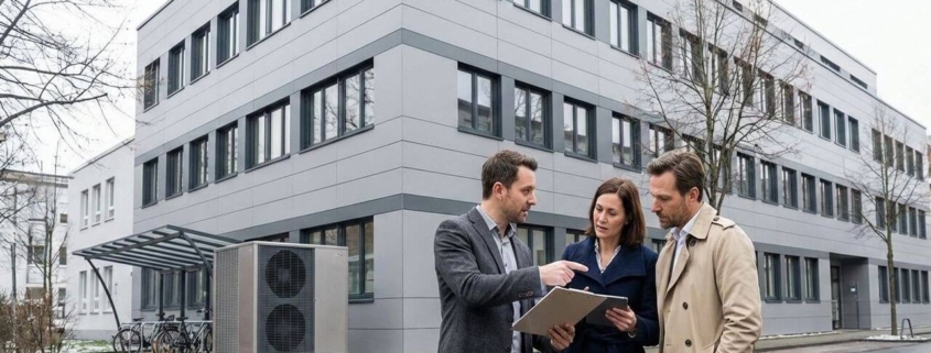Ein professioneller Energieberater in Business-Kleidung steht vor einem modernen, grau fassadengedämmten Bürogebäude in Deutschland und erklärt zwei Entscheidern (Mann und Frau) anhand eines Tablets und Klemmbretts Sanierungspläne. Neben dem Gebäudeeingang ist eine große industrielle Wärmepumpe sichtbar installiert.