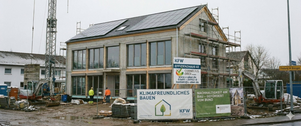 Baustelle eines KfW-Effizienzhauses mit Solaranlage und Baugerüst in Freiburg, unterstützt durch Fördermittel für klimafreundlichen Neubau
