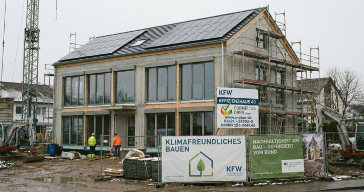 Baustelle eines KfW-Effizienzhauses mit Solaranlage und Baugerüst in Freiburg, unterstützt durch Fördermittel für klimafreundlichen Neubau