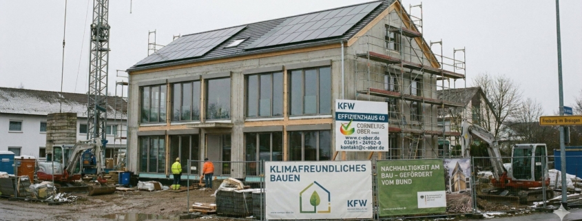 Baustelle eines KfW-Effizienzhauses mit Solaranlage und Baugerüst in Freiburg, unterstützt durch Fördermittel für klimafreundlichen Neubau