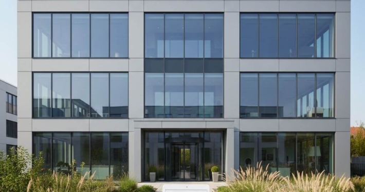 Modernes Gewerbegebäude mit dargestellter Energieeffizienzskala von A bis G vor dem Eingang