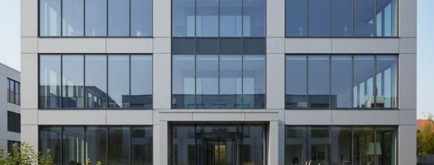 Modernes Gewerbegebäude mit dargestellter Energieeffizienzskala von A bis G vor dem Eingang