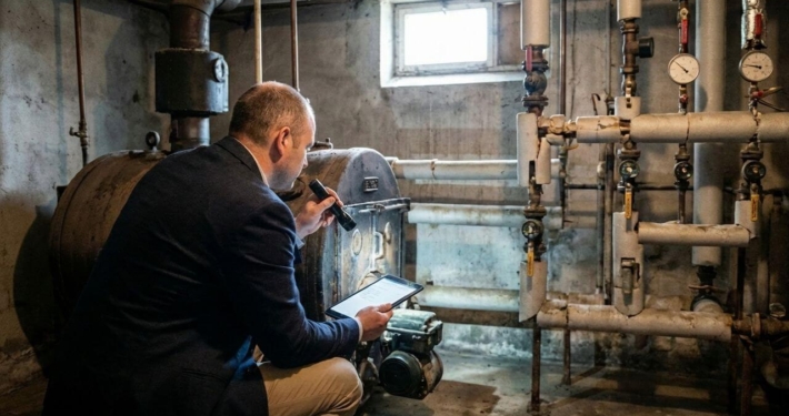 Energieberater kontrolliert alte Öl- oder Gasheizung im Keller im Hinblick auf Austauschpflicht 2026