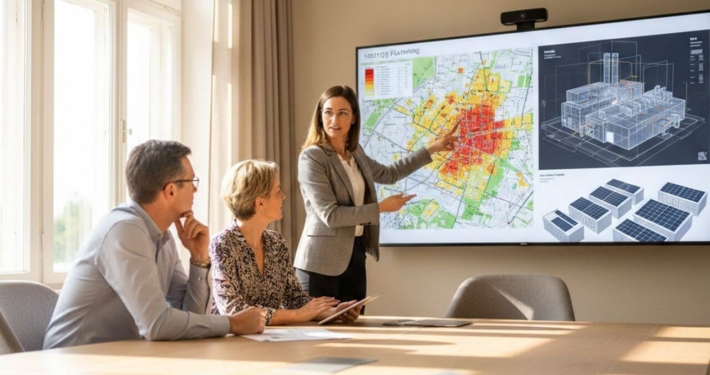 Eine Energieberaterin erklärt zwei Personen mithilfe einer digitalen Wärmeplanungskarte und Gebäudetechnik-Modellen die energetische Sanierungsstrategie.