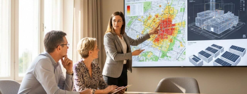 Eine Energieberaterin erklärt zwei Personen mithilfe einer digitalen Wärmeplanungskarte und Gebäudetechnik-Modellen die energetische Sanierungsstrategie.