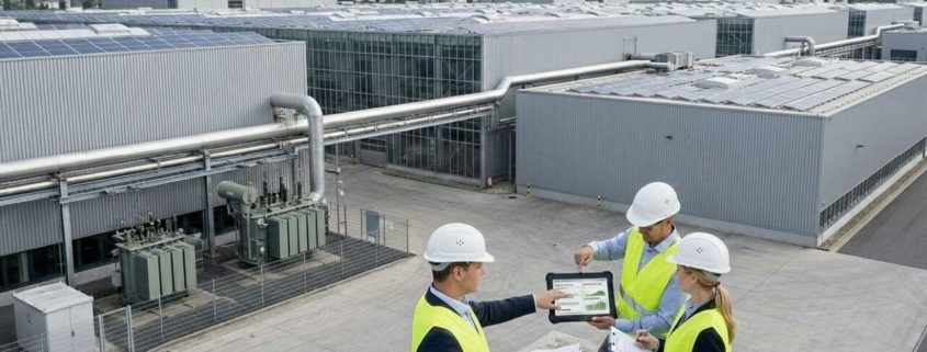 Energieberater analysieren Energieeffizienzmaßnahmen in einer energieintensiven Industrieanlage mit Photovoltaik