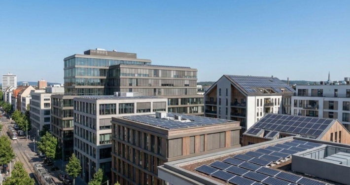 Photovoltaikanlagen auf Dächern von Wohn- und Gewerbegebäuden in einer deutschen Stadt