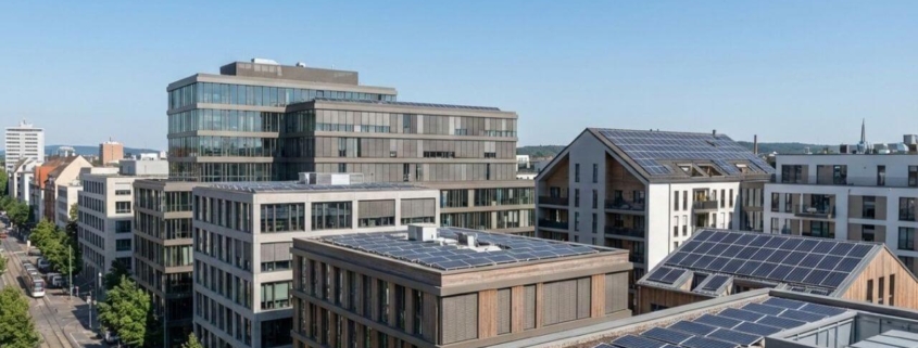 Photovoltaikanlagen auf Dächern von Wohn- und Gewerbegebäuden in einer deutschen Stadt