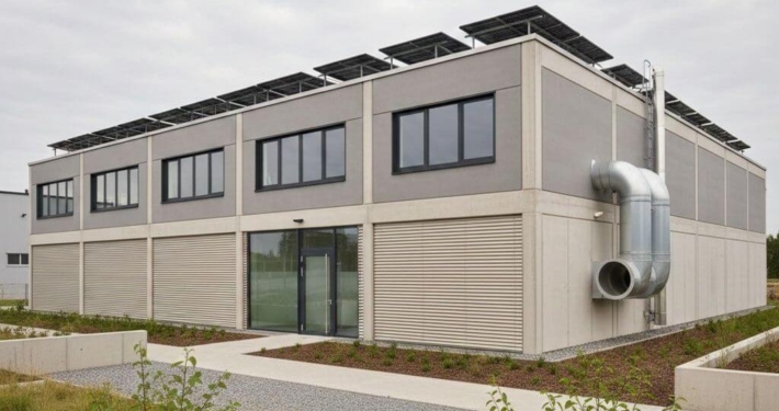 Modernes Industriegebäude mit Photovoltaikanlage und energieeffizienter Gebäudetechnik im Kontext von Klimaschutz und Industrieförderung