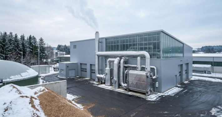 Moderne Biomasse-Heizzentrale zur erneuerbaren Wärmeversorgung in Deutschland im Winter