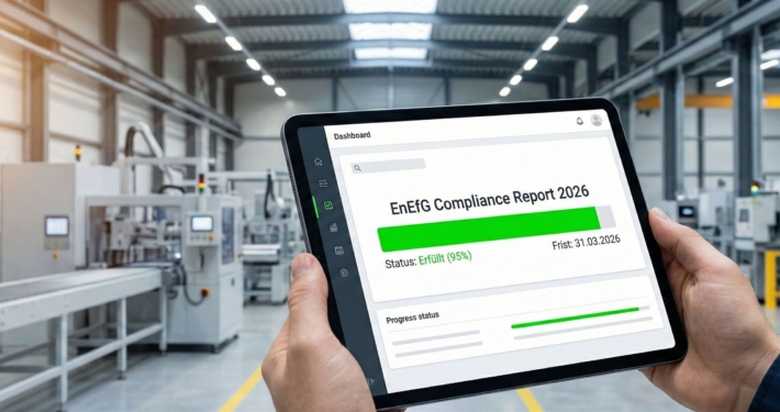 Ein Tablet zeigt den EnEfG Compliance Report 2026 mit einem Fortschrittsbalken von 95 Prozent in einer modernen Industriehalle.