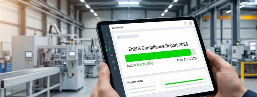 Ein Tablet zeigt den EnEfG Compliance Report 2026 mit einem Fortschrittsbalken von 95 Prozent in einer modernen Industriehalle.