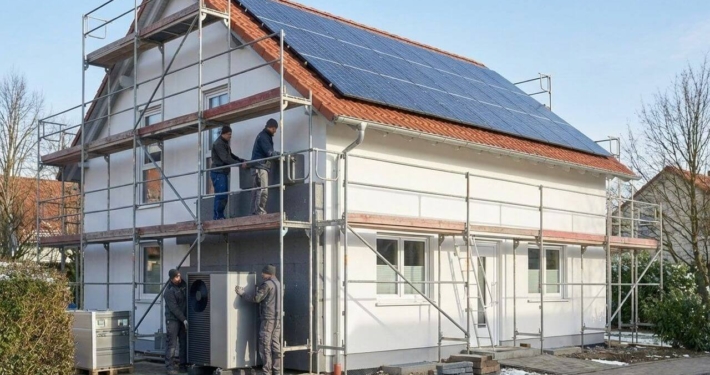 Energetische Sanierung eines Einfamilienhauses mit Wärmepumpe, Photovoltaikanlage und Fassadendämmung gemäß Gebäudeenergiegesetz