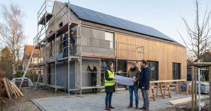 Energieberaterin bespricht energetische Sanierung eines Einfamilienhauses mit Photovoltaik und Fassadendämmung auf der Baustelle