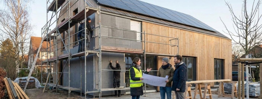 Energieberaterin bespricht energetische Sanierung eines Einfamilienhauses mit Photovoltaik und Fassadendämmung auf der Baustelle