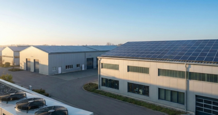 Industriehallen mit großflächigen Photovoltaikanlagen auf den Dächern und einer Wärmepumpen-Außeneinheit im Vordergrund bei Sonnenaufgang.