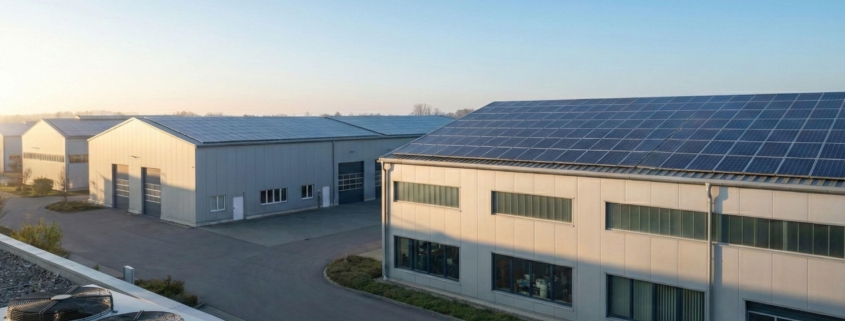 Industriehallen mit großflächigen Photovoltaikanlagen auf den Dächern und einer Wärmepumpen-Außeneinheit im Vordergrund bei Sonnenaufgang.