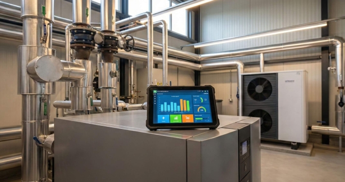Moderne Heizungsanlage in einem Gewerbegebäude mit einem Tablet, das Energieeffizienz-Daten zur GEG-Reform 2026 anzeigt.