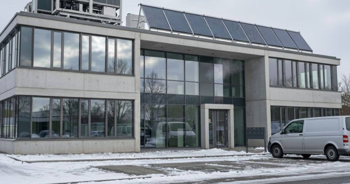 Modernes Gewerbegebäude mit Solarkollektoren und Wärmepumpe auf dem Dach im Winter – Beispiel für Heizungsmodernisierung gemäß 65-Prozent-Regel