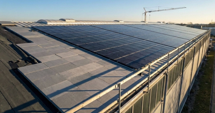 Detailaufnahme einer Hallensanierung mit Übergang von neuen Dämmplatten zu einer installierten Photovoltaik-Anlage bei Sonnenuntergang.