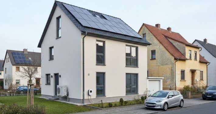 Energieberater erklärt Familie energetische Sanierung eines Einfamilienhauses mit Photovoltaik und Wärmepumpe in Deutschland 2026