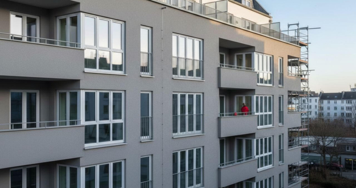 Modernisiertes Mehrfamilienhaus in Deutschland mit Gerüst zur energetischen Sanierung und neuen Fenstern.