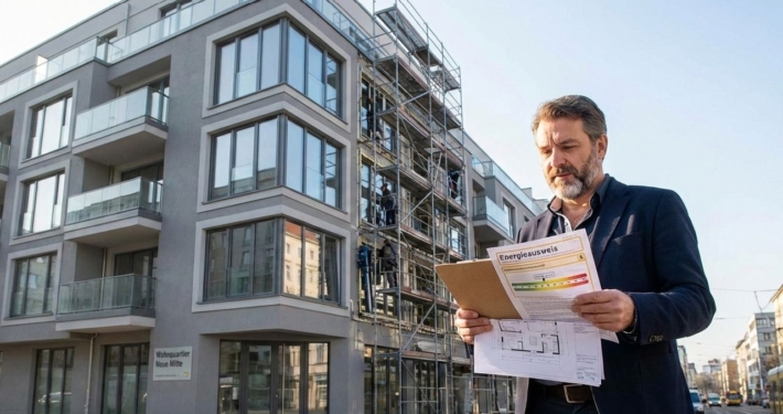 Energieberater prüft Modernisierungsunterlagen vor einem sanierten Mehrfamilienhaus mit Gerüst in einer deutschen Großstadt im Kontext der Mietrechtsreform 2026