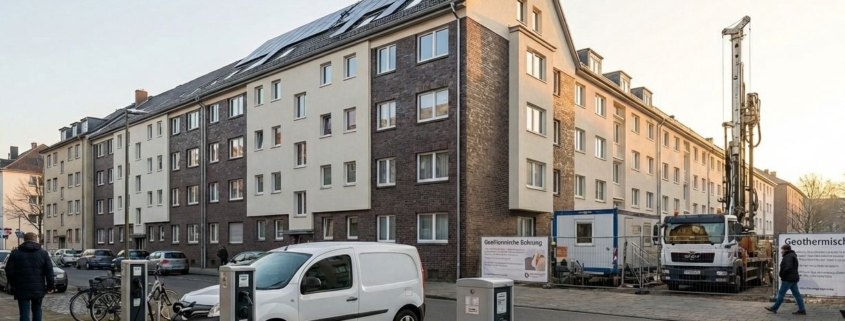 Geothermie-Bohrung neben modernisiertem Mehrfamilienhaus mit Photovoltaik und öffentlicher E-Ladestation in Nordrhein-Westfalen