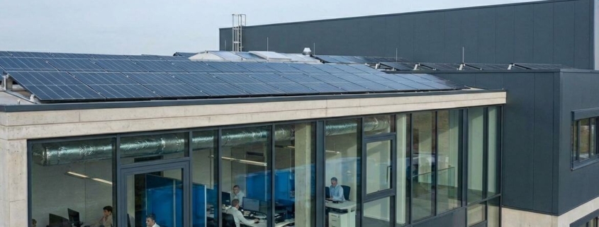 Gewerbegebäude mit Photovoltaikanlage auf dem Dach und modernen Büroarbeitsplätzen als Beispiel für Energiewende im Mittelstand