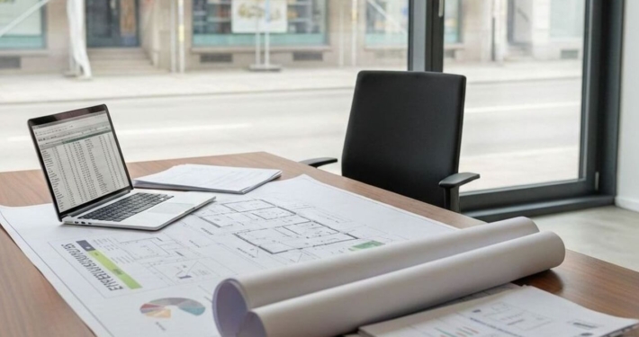 Sanierungsplanung im Gebäudebestand mit Bauplänen, Laptop und Unterlagen zur steuerlichen und energetischen Bewertung