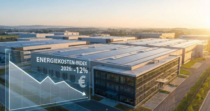 Infografik über einem Industriepark zeigt eine Senkung des Energiekosten-Index um 12 Prozent im Jahr 2026.