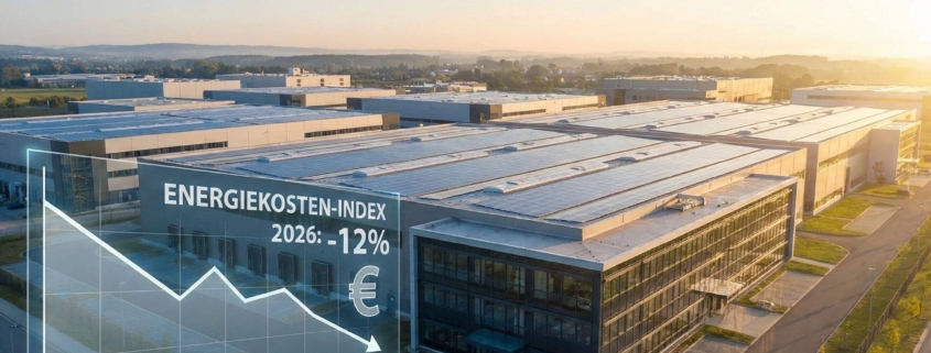 Infografik über einem Industriepark zeigt eine Senkung des Energiekosten-Index um 12 Prozent im Jahr 2026.