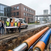 Ingenieure und Energieberater planen den Ausbau eines Wärmenetzes mit Fernwärmerohren in einer deutschen Stadt