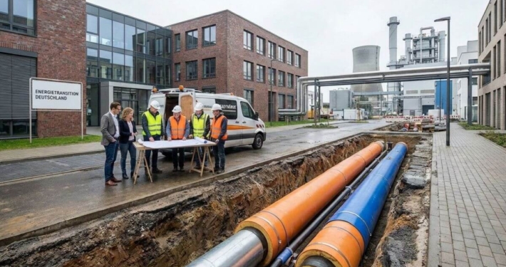 Ingenieure und Energieberater planen den Ausbau eines Wärmenetzes mit Fernwärmerohren in einer deutschen Stadt