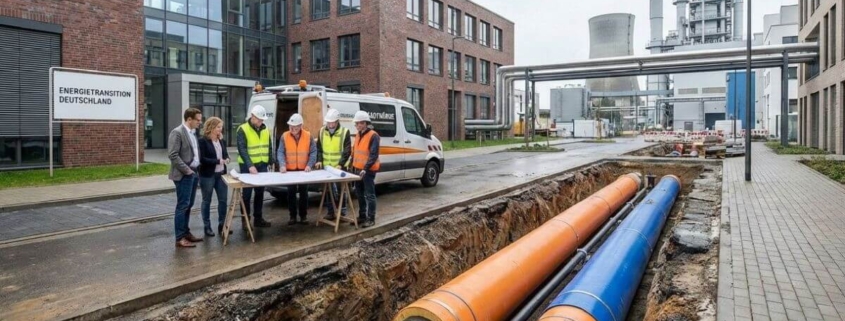 Ingenieure und Energieberater planen den Ausbau eines Wärmenetzes mit Fernwärmerohren in einer deutschen Stadt