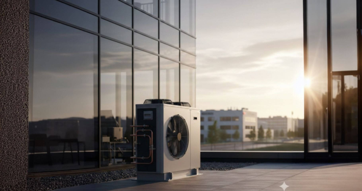 Moderne Luft-Wasser-Wärmepumpe vor einer verspiegelten Glasfassade eines Bürogebäudes bei Sonnenaufgang zur Illustration von Energieeffizienz in Unternehmen.