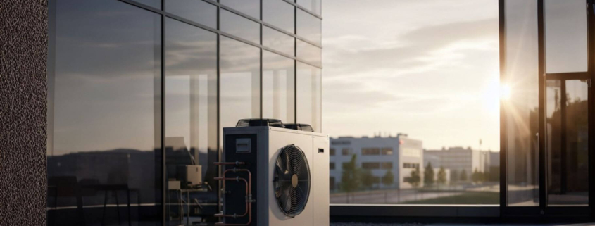 Moderne Luft-Wasser-Wärmepumpe vor einer verspiegelten Glasfassade eines Bürogebäudes bei Sonnenaufgang zur Illustration von Energieeffizienz in Unternehmen.