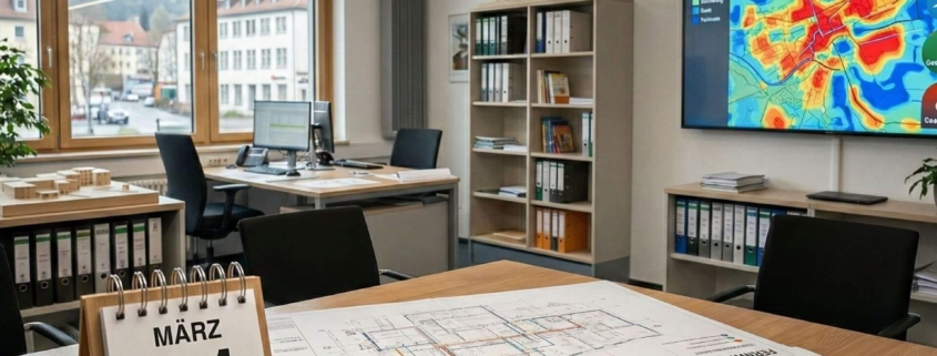 Analoger Schreibtischkalender mit dem Datum 31. März und dem Hinweis auf die BAFA-Antragsfrist für BEW Modul 1 Transformationspläne in einem Planungsbüro.