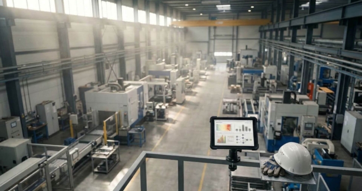 Blick von oben in eine leere Werkshalle mit Fokus auf einem Tablet mit Energiedaten-Diagrammen und einem weißen Helm auf dem Geländer, symbolisch für EnEfG-Compliance und Energieeffizienz.