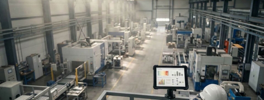 Blick von oben in eine leere Werkshalle mit Fokus auf einem Tablet mit Energiedaten-Diagrammen und einem weißen Helm auf dem Geländer, symbolisch für EnEfG-Compliance und Energieeffizienz.