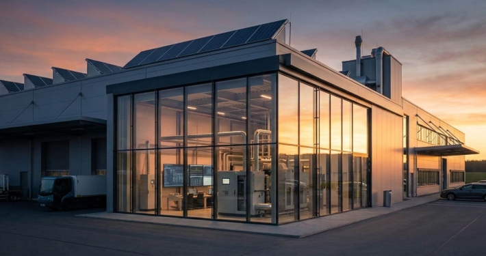Moderne Industrieanlage mit Solaranlage und Energiezentrale im Sonnenuntergang – Symbolbild für das Energie-Entlastungspaket 2026 für den Mittelstand.
