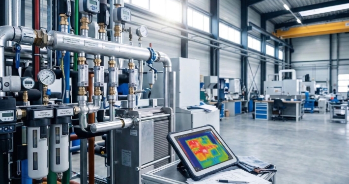 Moderne Industrieanlage mit technischer Gebäudeausrüstung und einem Tablet, das eine thermografische Wärmebildanalyse zur Steigerung der Energieeffizienz zeigt.