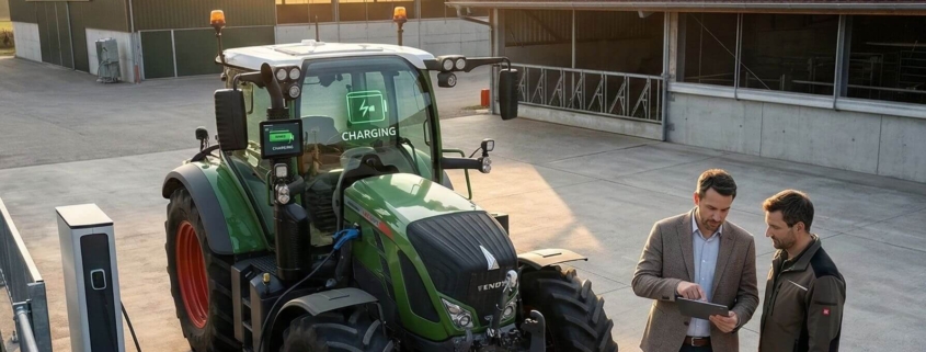 Energieberater bespricht mit Landwirt die effiziente Nutzung von Photovoltaik und das Laden eines Elektro-Traktors auf einem modernen Hof.