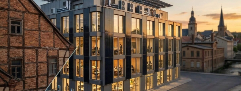 Moderne energetische Sanierung eines Gewerbegebäudes in Saalfeld mit Photovoltaik-Fassade und Wärmepumpen-Technik im Kontrast zu historischer Bausubstanz.