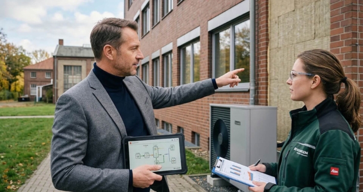 Energieberater und Facility Managerin besprechen die energetische Sanierung eines Industriegebäudes mit Wärmepumpe und Fassadendämmung.